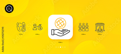 Market buyer, Fever and Safe planet minimal line icons. Yellow abstract background. Equity, Sallary icons. For web, application, printing. Store client, Temperature, Ecology. Social equality. Vector