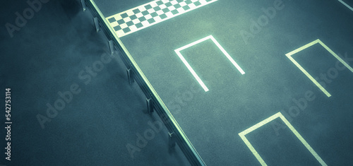 Lead position advantage - Rendering of blue green asphalt with white checkered starting line and first position illuminated
