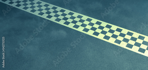 Race finish line - Rendering of blue green asphalt with white checkered line illuminated