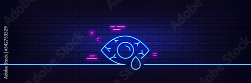 Neon light glow effect. Conjunctivitis eye line icon. Oculist clinic sign. Optometry vision symbol. 3d line neon glow icon. Brick wall banner. Ð¡onjunctivitis eye outline. Vector