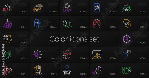 Set of Champagne glasses, Engineering team and Face search line icons. Include Interview job, Employee hand, Financial app icons. Election candidate, Budget accounting. Vector