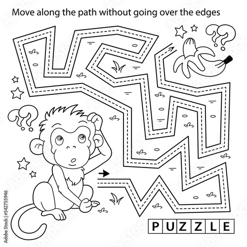 Handwriting practice sheet. Simple educational game or maze. Coloring Page Outline Of cartoon little monkey with bananas. Coloring book for kids.
