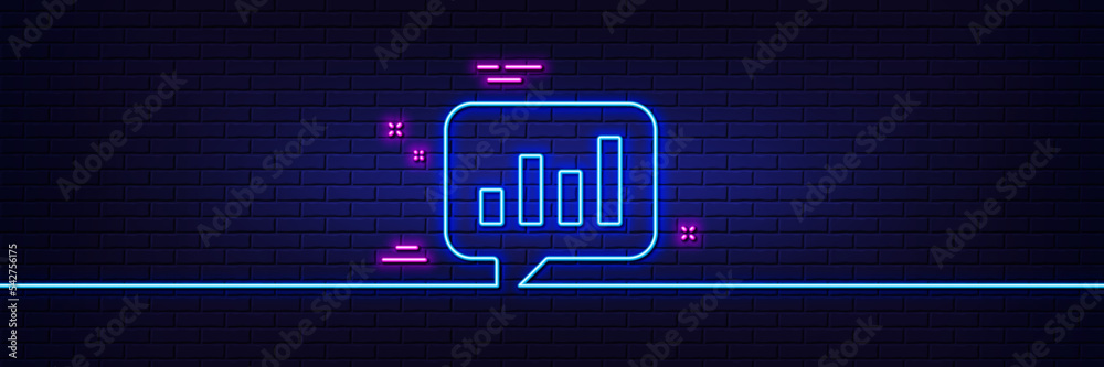 Neon light glow effect. Chart line icon. Report graph or Sales growth sign in speech bubble. Analysis and Statistics data symbol. 3d line neon glow icon. Brick wall banner. Vector