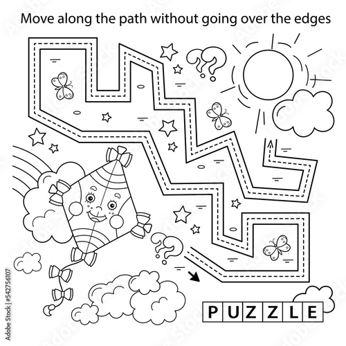 Handwriting practice sheet. Simple educational game or maze. Coloring Page Outline Of cartoon cheerful fly kite high in the sky. Coloring book for kids.