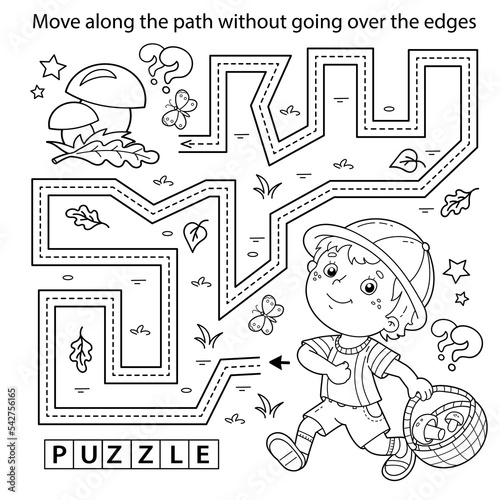 Handwriting practice sheet. Simple educational game or maze. Coloring Page Outline Of cartoon fun boy with basket. Little mushroom picker. Coloring book for kids.