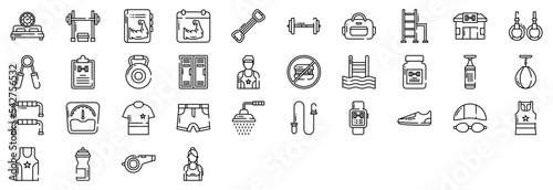 Collection of icons related to Gym and exercise, including icons like Bench Press, Chest Expander, Dumbbell, Gym Bag and more. vector illustrations, Pixel Perfect set