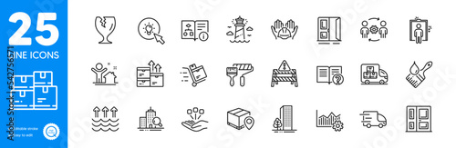 Outline icons set. Delivery truck, Operational excellence and Fragile package icons. Lighthouse, Consolidation, Warning road web elements. Parcel tracking, New house, Truck delivery signs. Vector
