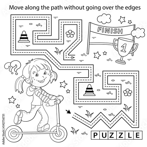 Handwriting practice sheet. Simple educational game or maze. Coloring Page Outline Of cartoon girl with scooter. Sport activity. Coloring book for kids.