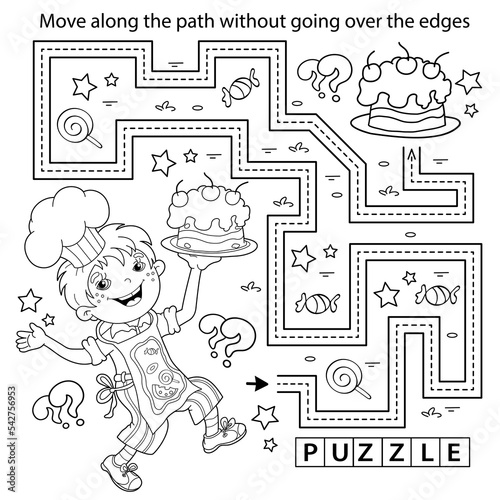 Handwriting practice sheet. Simple educational game or maze. Coloring Page Outline Of cartoon fun boy chef with cake. Little cook or scullion. Profession. Coloring book for kids.