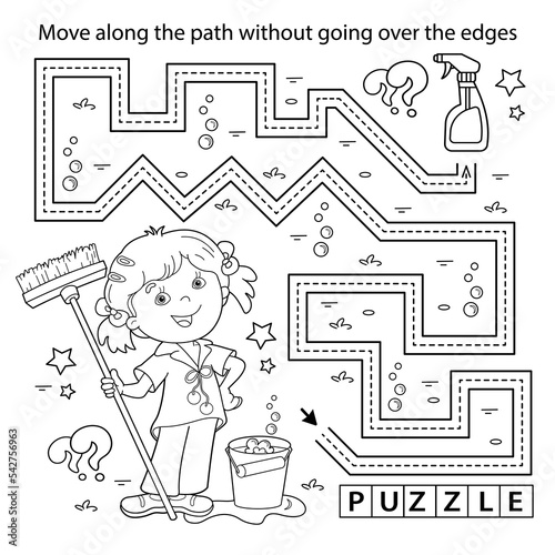 Handwriting practice sheet. Simple educational game or maze. Coloring Page Outline Of cartoon girl with mop and bucket. Housework and cleaning, Coloring book for kids.