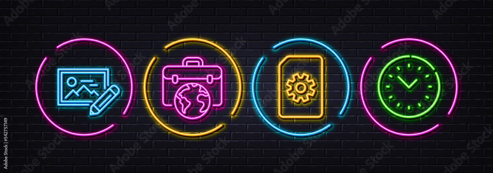 Photo edit, File management and Businessman case minimal line icons. Neon laser 3d lights. Time management icons. For web, application, printing. Vector Photo edit, File management and Businessman case minimal line icons. Neon laser 3d lights. Time management icons. For web, application, printing. Vector