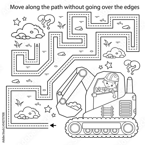 Handwriting practice sheet. Simple educational game or maze. Coloring Page Outline Of cartoon crawler excavator. Construction vehicles. Profession. Coloring book for kids.