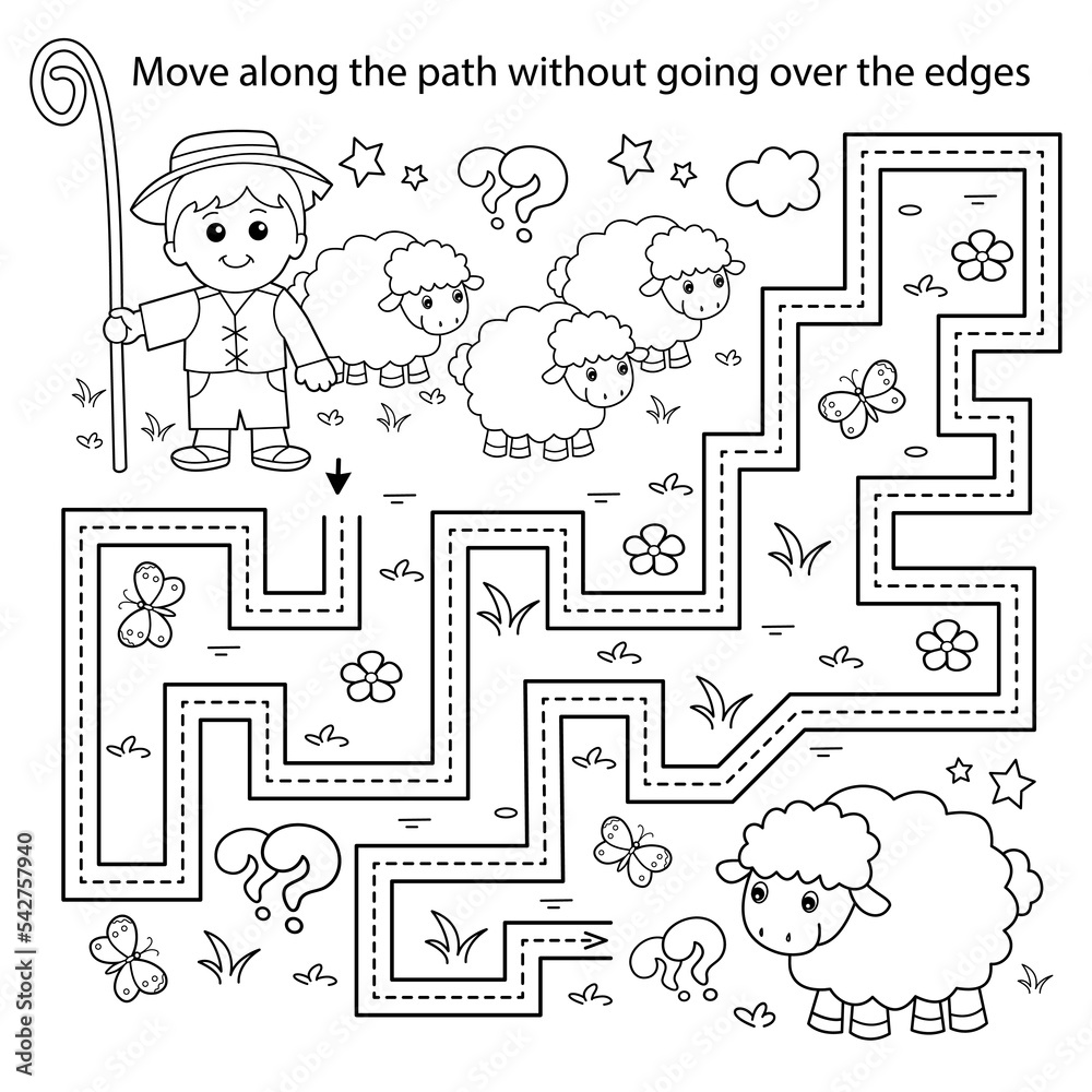 Handwriting practice sheet. Simple educational game or maze. Coloring Page Outline Of cartoon shepherd with flock of sheep. Farm animals. Coloring book for kids.