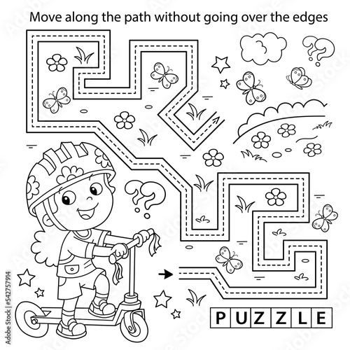 Handwriting practice sheet. Simple educational game or maze. Coloring Page Outline Of cartoon girl with scooter. Sport activity. Coloring book for kids.