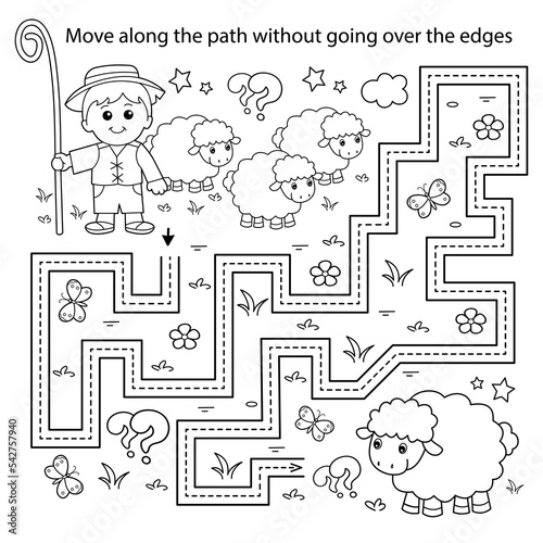 Handwriting practice sheet. Simple educational game or maze. Coloring Page Outline Of cartoon shepherd with flock of sheep. Farm animals. Coloring book for kids.