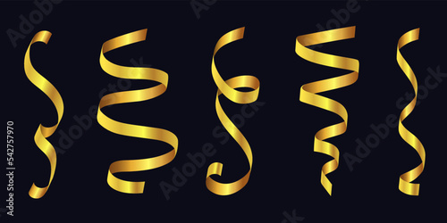 Gold ribbons or gold tinsel. Vector holiday set. Clipart isolated on a dark background.