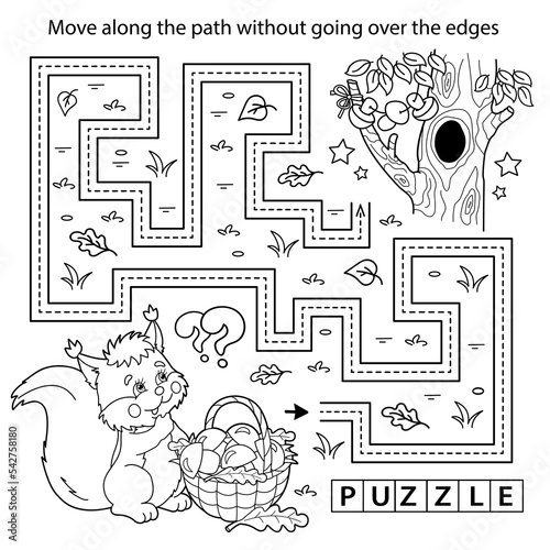 Handwriting practice sheet. Simple educational game or maze. Coloring Page Outline Of cartoon squirrel with basket of mushrooms. Coloring book for kids.