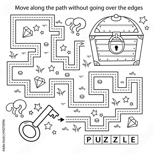 Handwriting practice sheet. Simple educational game or maze. Coloring Page Outline Of cartoon  treasure chest with key. Coloring book for kids.