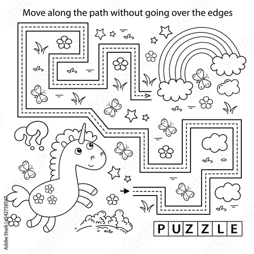 Handwriting practice sheet. Simple educational game or maze. Coloring Page Outline Of cartoon lovely magic unicorn. Fairy tale hero. Coloring book for kids.