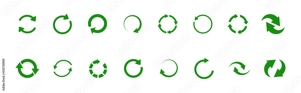 Green recycling and rotation arrow icon set. Flat design elements for website, app for infographics materials isolated on white background. Green recycling and rotation arrow icon set. Flat design elements for website, app for infographics materials isolated on white background.