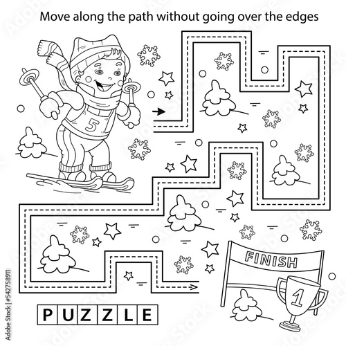 Handwriting practice sheet. Simple educational game or maze. Coloring Page Outline Of cartoon boy skiing. Winter sports. Coloring book for kids.