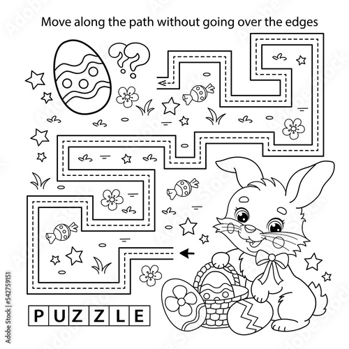 Handwriting practice sheet. Simple educational game or maze. Coloring Page Outline Of cartoon cute Easter bunny with eggs and sweets. Coloring book for kids.