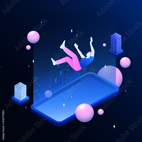 Explore Metaworld Illustration. A Woman Dives into the Metaverse. Vector illustration
