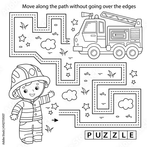 Handwriting practice sheet. Simple educational game or maze. Coloring Page Outline Of cartoon fireman or firefighter with fire truck.  Coloring book for kids.