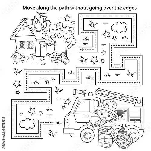 Handwriting practice sheet. Simple educational game or maze. Coloring Page Outline Of cartoon fireman or firefighter with fire truck. Fire fighting. Coloring book for kids.