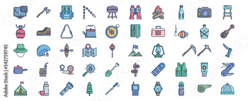 Collection of icons related to Hiking and trekking, including icons like Action Camera, Backpack, Bbq, Binoculars and more. vector illustrations, Pixel Perfect set