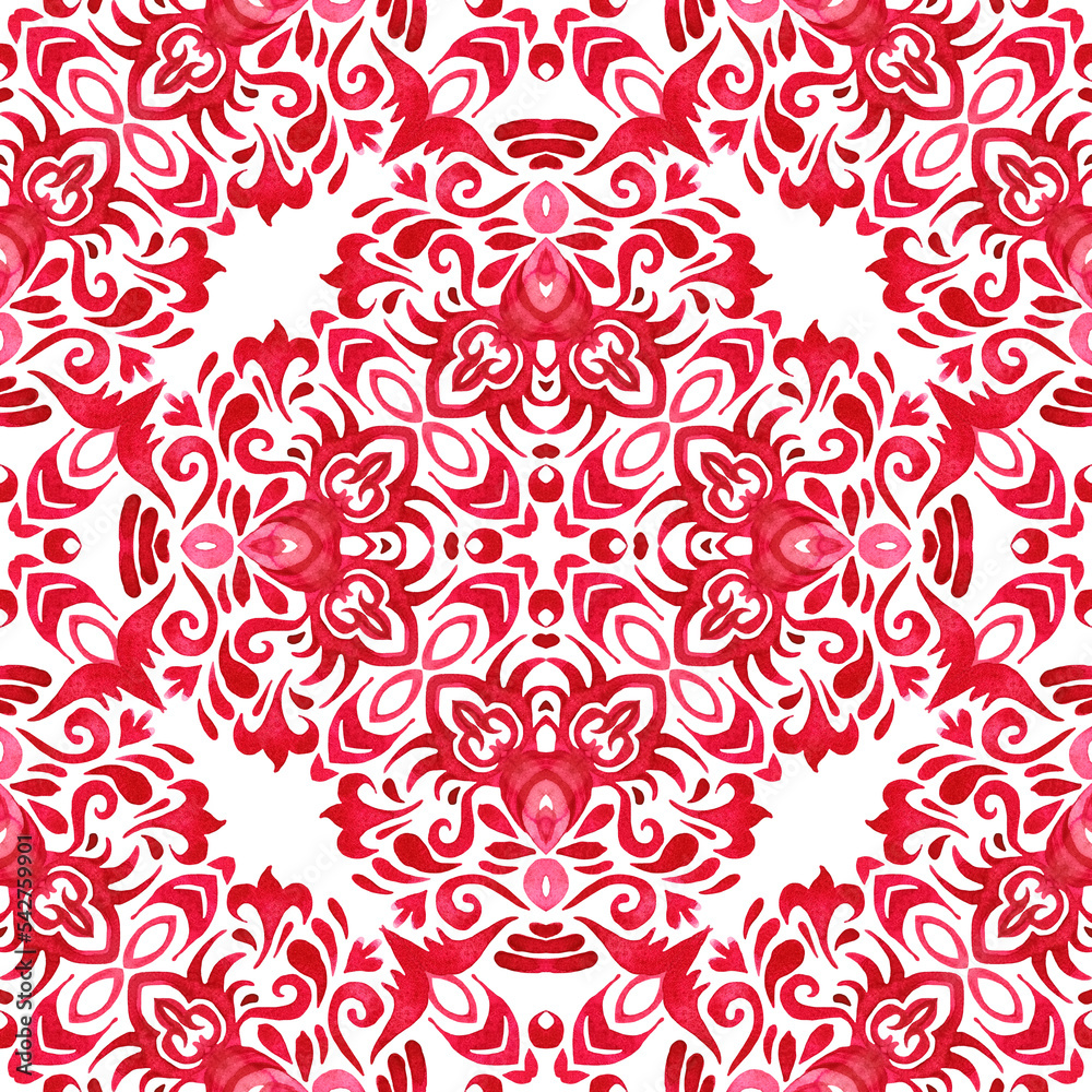Watercolor red vignette seamless design Tiling mosaic abstract filigree background.