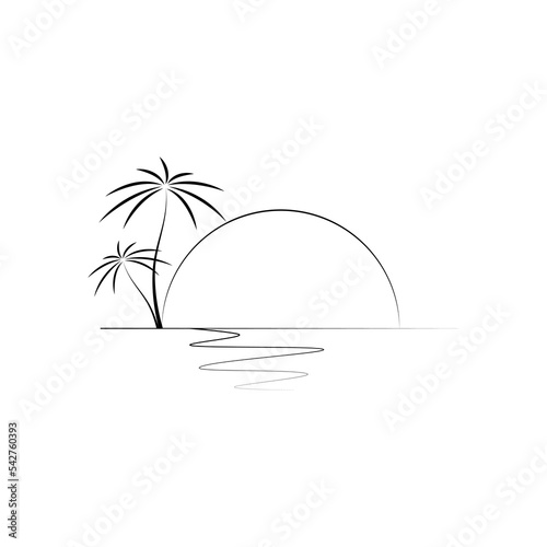 Silhouette of the sun and palm trees on the sea.