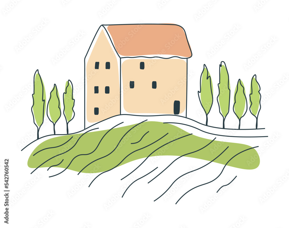 Drawing landscape of Tuscany. Field and house in one line with addition color. Rustic landscape in trendy minimalist style. Summer landscape. Vector illustration on white isolated background. - obrazy, fototapety, plakaty 