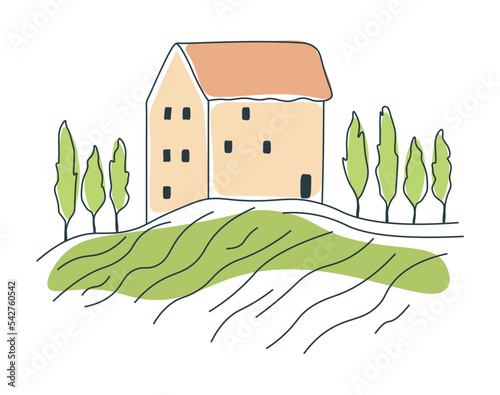 Drawing landscape of Tuscany. Field and house in one line with addition color. Rustic landscape in trendy minimalist style. Summer landscape. Vector illustration on white isolated background.