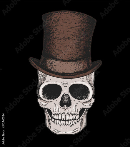 Human skull hand drawn illustration. Cylinder hat on the skull. Tattoo vintage print. Retro skull illustration. Vector print.