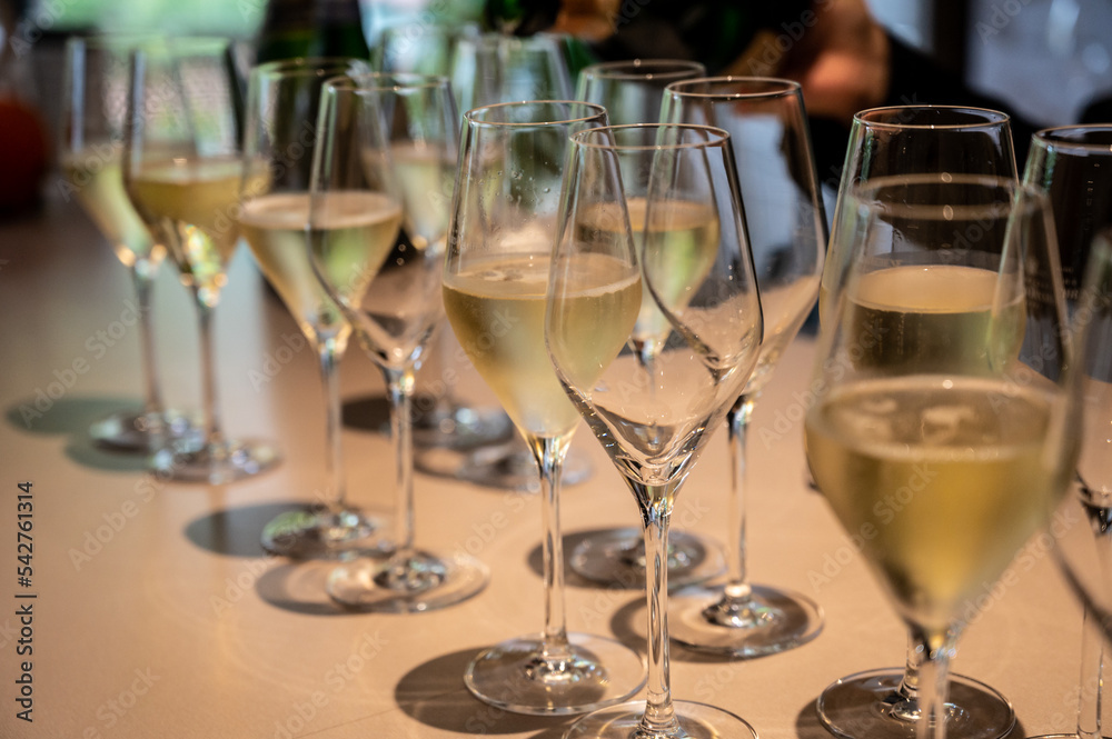 Obraz premium Tasting of brut and reserve champagne sparkling wine produced by traditional method in underground caves in Champagne, France