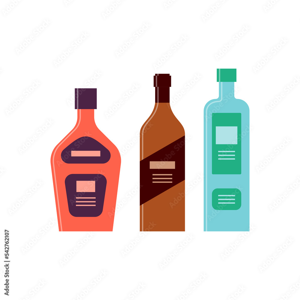 Bottle of liquor, brandy, gin great design for any purposes. Icon bottle with cap and label. Flat style. Color form. Party drink concept. Simple image shape Bottle of liquor, brandy, gin great design for any purposes. Icon bottle with cap and label. Flat style. Color form. Party drink concept. Simple image shape