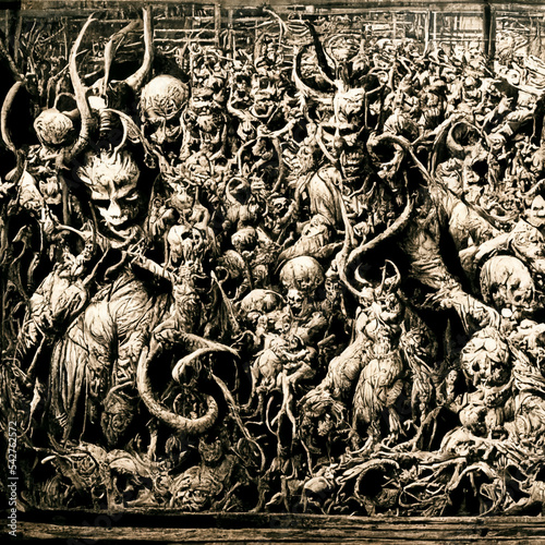 Valokuva demons in hell engraving monochrome