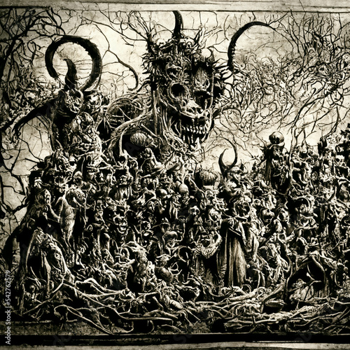 Valokuvatapetti demons in hell engraving monochrome
