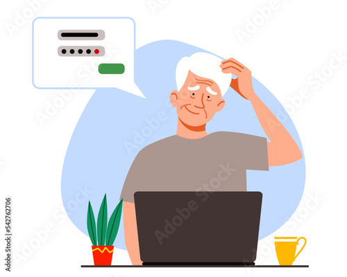 The concept of an elderly person thinking on a laptop. The old man forgot his password and account login for the web page. Vector illustration in a flat style.