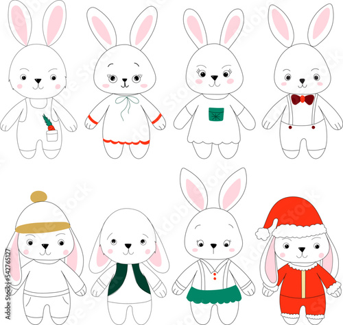 set of rabbits character  cartoon doodle sketch  outline isolated vector