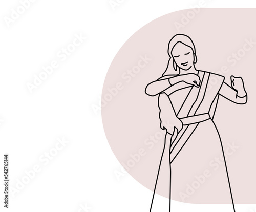  Indian girl dancing in a indo dress. Traditional
 sari dress. Beauty minimalist, vector illustration. Lines art.