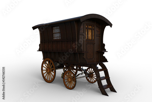 3D rendering of a vintage wooden Romany gypsy caravan isolated on transparent background.