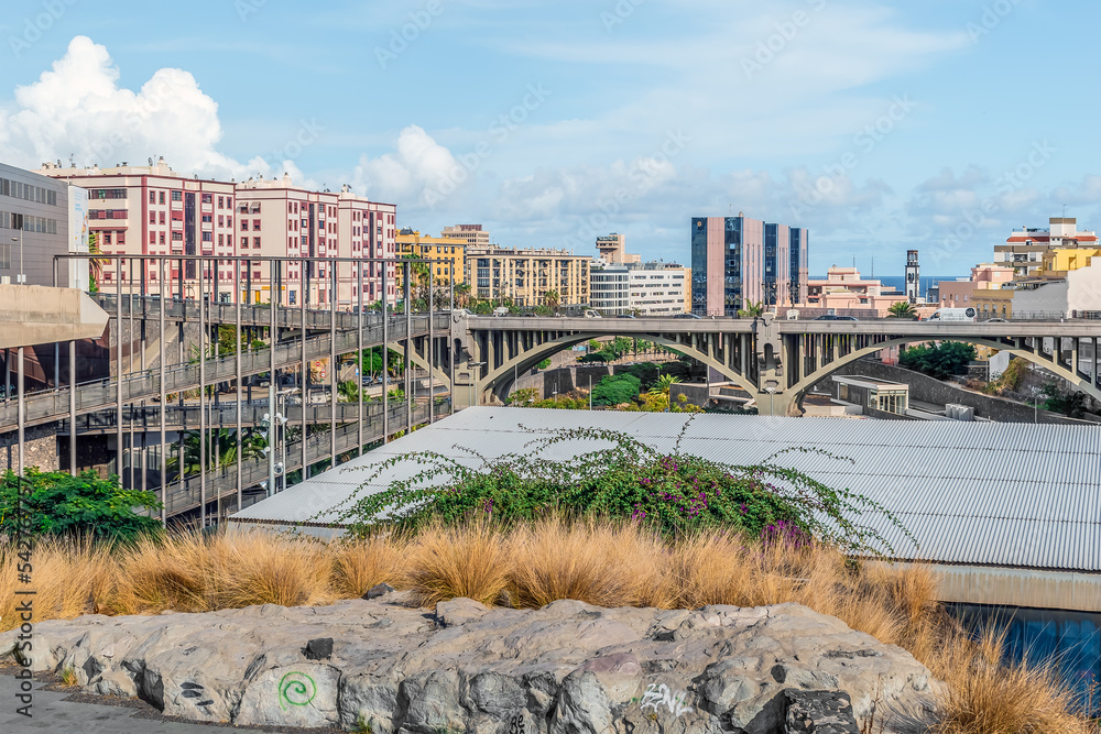 Santa Cruz de Tenerife, Spain - November 24, 2021: System of viaducts and bridges over the Barranco de Santos gorge in Santa Cruz de Tenerife. Modern architecture of the capital of the Canary Islands