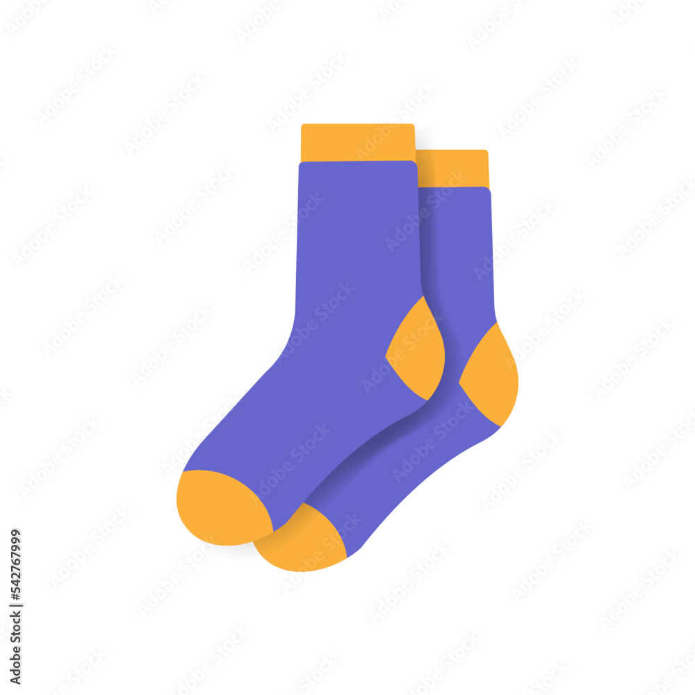 Pair of warm wool socks with . Winter woolen feet clothes. Cute cozy cotton foot apparel. . Flat vector illustration isolated on white background