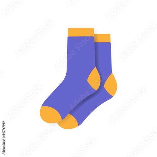Obraz na płótnie Pair of warm wool socks with . Winter woolen feet clothes. Cute cozy cotton foot apparel. . Flat vector illustration isolated on white background w salonie