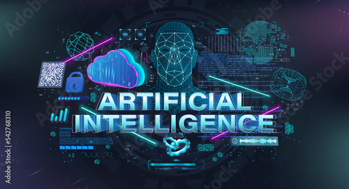 Neural network and artificial intelligence concept banner. Multitasking AI - Big data analysis, cybersecurity, encryption, stream distribution, education AI. 3D Artificial intelligence banner. Vector