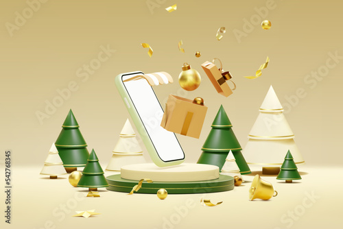 Christmas and happy new year with podium background. 3D Realistic Smart phone, gift box christmas and Happy New Year for online shopping.