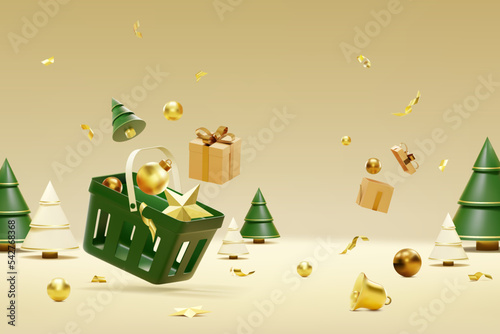 Christmas and Happy New Year  background. 3d Realistic background with shopping cart, candy cane, bell, gift, light and Christmas tree.