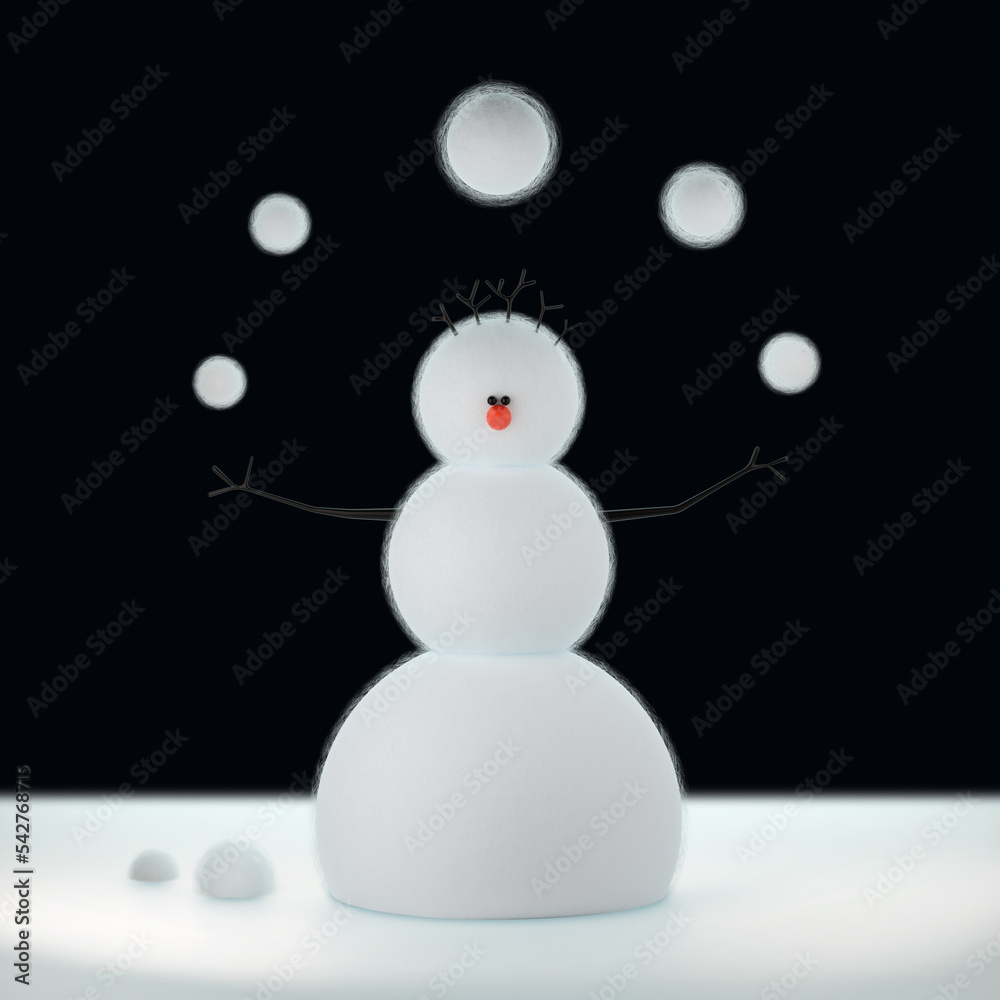 Obraz premium Felt snowman juggles woolen Christmas snowballs at New Year night
